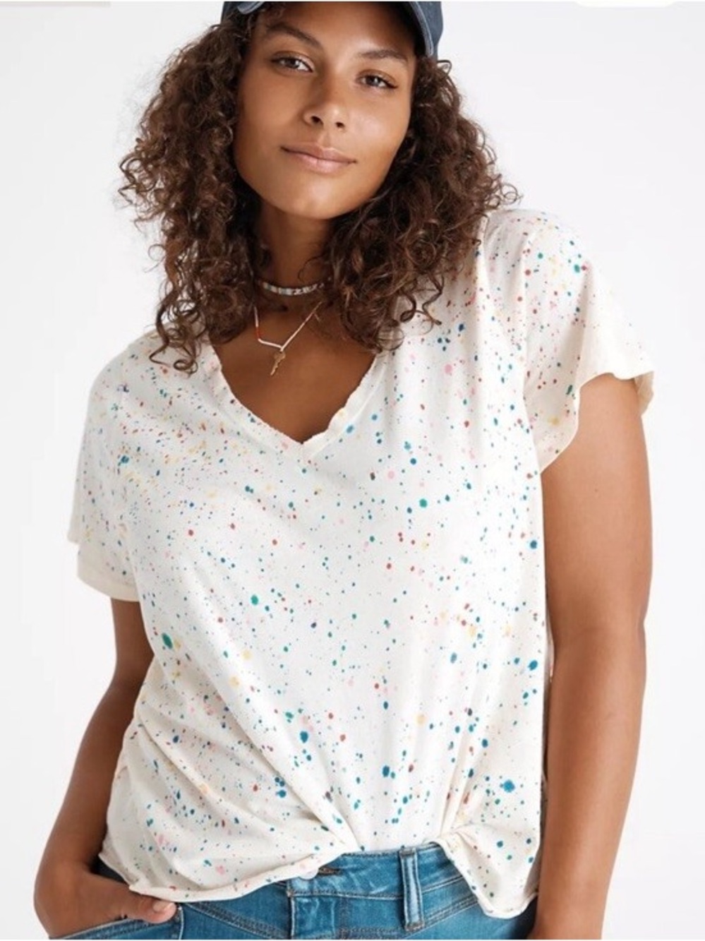 Pilcro and the Letterpress Zulu Paint Splatter V-Neck Tee White & Rainbow S